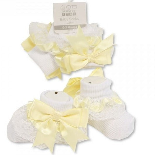 White & Lemon Lace Bow Ankle Socks (0-18M)