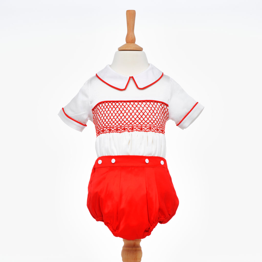 smocked baby boys satin suit red 