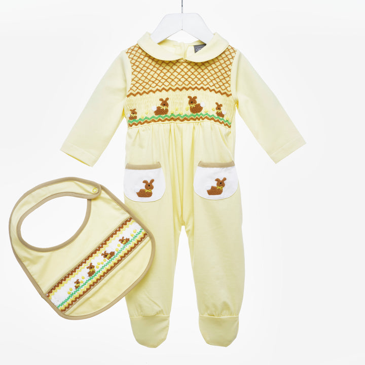 smocked baby boys sleepsuit bunny rabbit sleepsuit