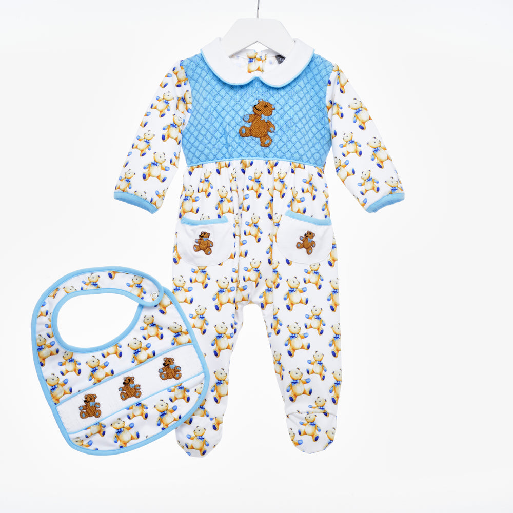 smocked baby sleepsuit