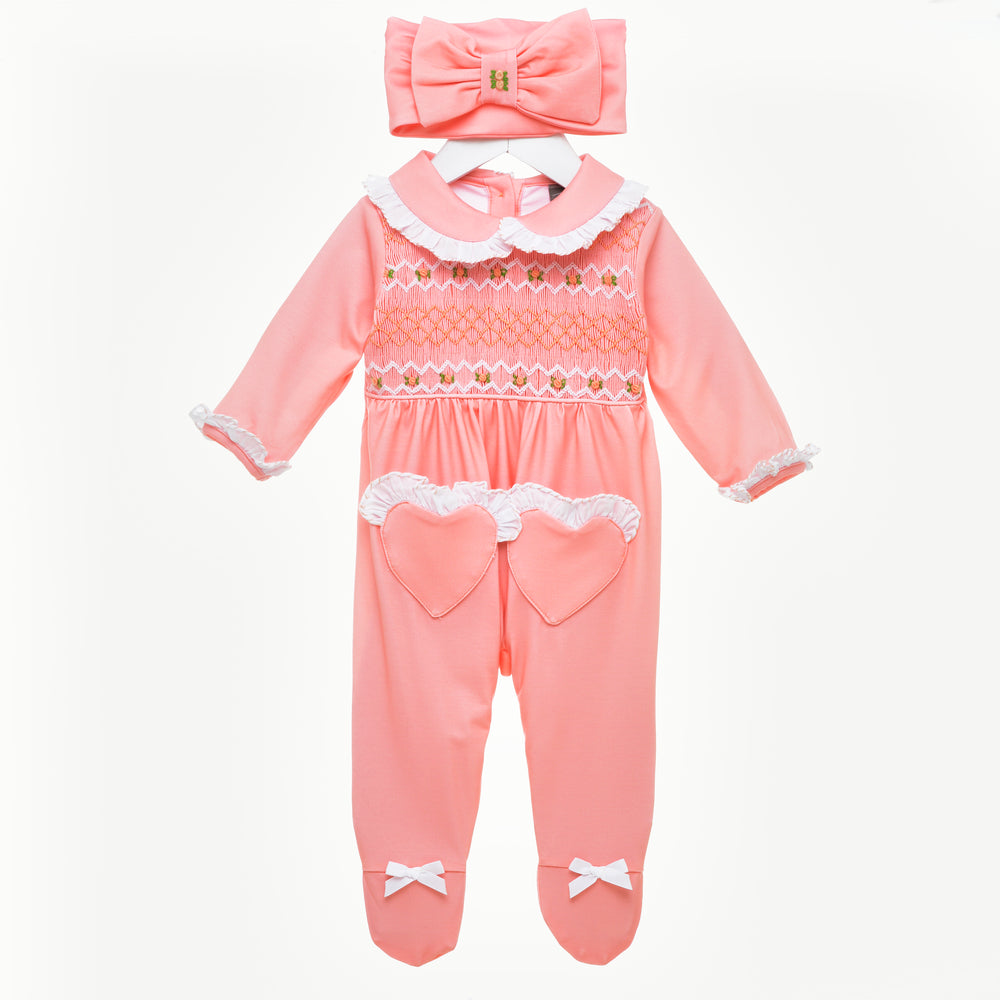 smocked baby sleepsuit