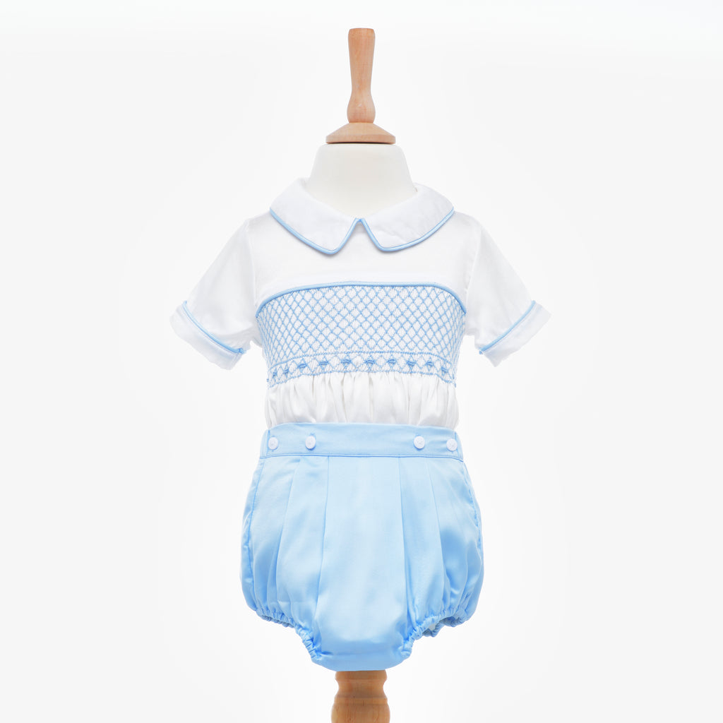 smocked satin baby outfit