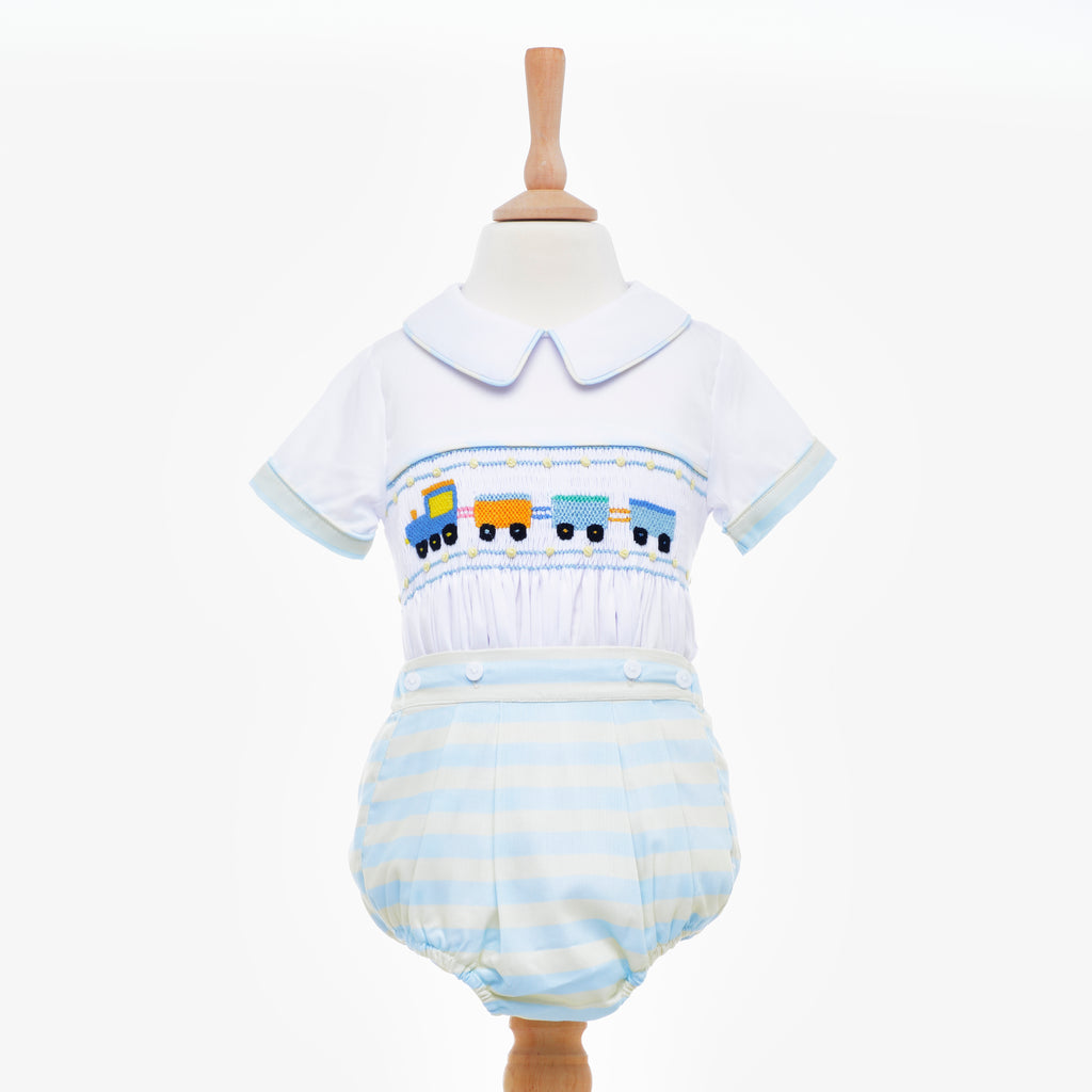 smocked train themed baby boys outfit